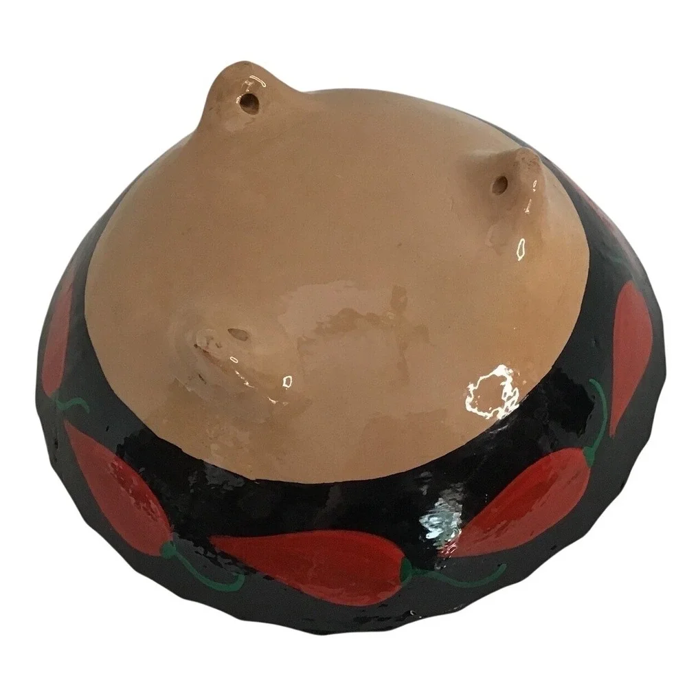 Vintage Mexican‎ Style Footed Bowl Hand Painted Red Chili Pepper Black Ceramic